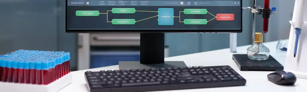 Bild eines Schreibtisches mit einer Computer Tastatur und einem Bildschirm. Zusehen sind außerdem Ampullen mit einer Flüssigkeit und verschiedene Kolben und Testgeräte.