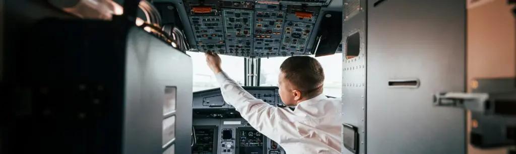 Das Bild zeigt zwischen Geräten und Schränken hindurch den Blick in ein Cockpit mit unzähligen Bedienelementen. Auf dem rechten Sitz im Cockpit ist ein Mann zu sehen, der sich nach links hinüberlehnt, um dort mit seiner linken Hand die Schalter über seinem Kopf zu erreichen. 