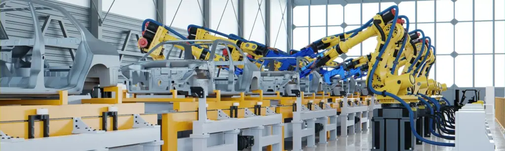 Das Bild zeigt eine moderne Automobil-Fertigungsstraße in einer Industriehalle. Mehrere gelbe und blaue Roboterarme entlang der Produktionslinie montieren Fahrzeugteile. Große Fenster im Hintergrund lassen natürliches Licht herein und unterstreichen die hochautomatisierte und effiziente Fertigung.